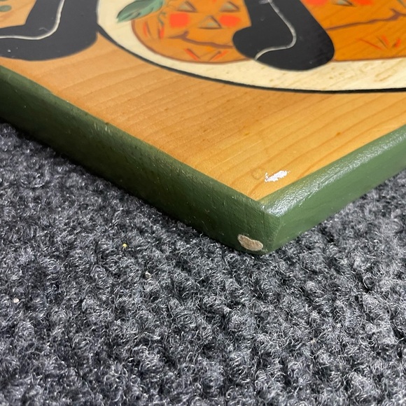 Vtg Halloween Black Cat Pumpkin Folk Art Hand Painted Welcome Wood Sign Mexico - Picture 4 of 6